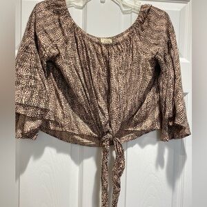 Elan Tan and Black Textured Tie-Front Blouse